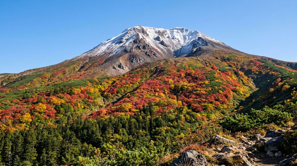 大雪山旭岳の山肌と三段紅葉