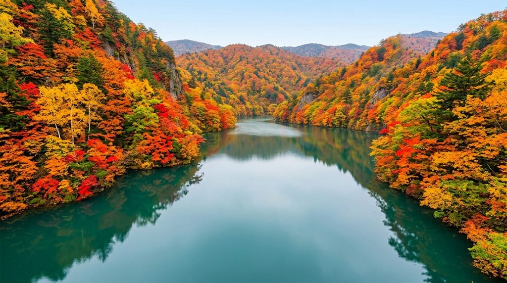 定山渓・豊平峡ダムのダム湖と紅葉