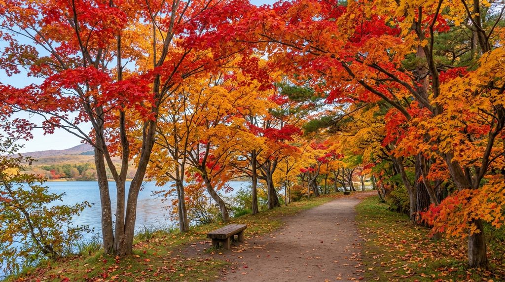大沼公園の紅葉と湖畔の遊歩道