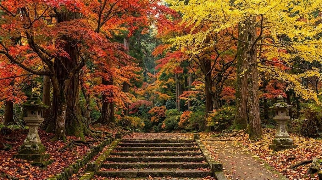 紅葉と石灯籠に彩られた英彦山神宮の参道の石段