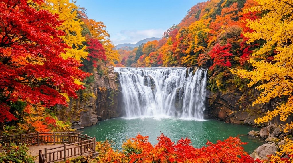 紅葉に囲まれた曽木の滝の豪快な流れ