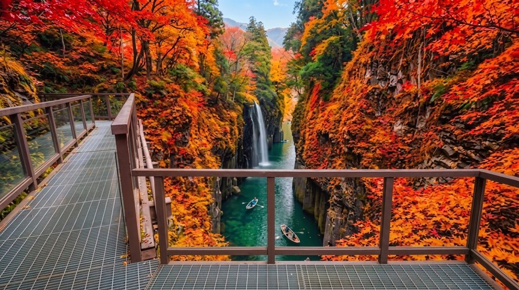 紅葉に染まる高千穂峡の渓谷と滝、川下りのボート