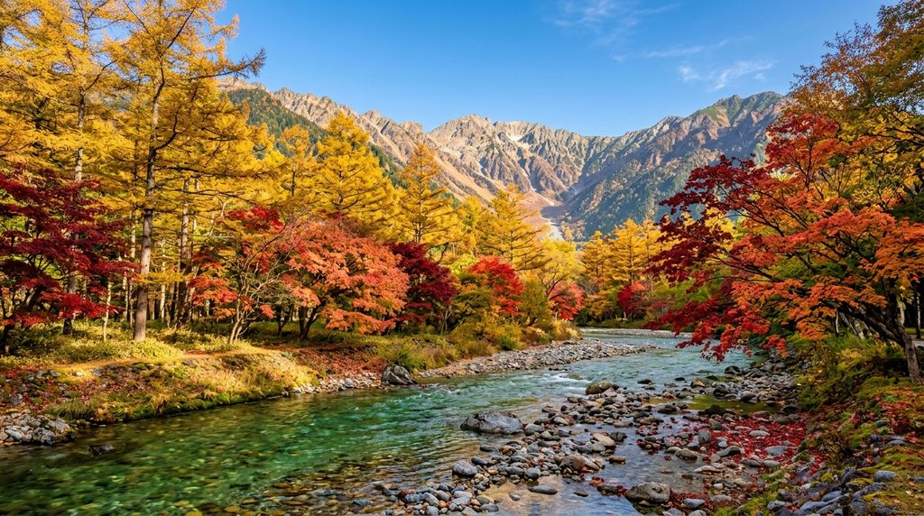 上高地の梓川と紅葉、穂高連峰