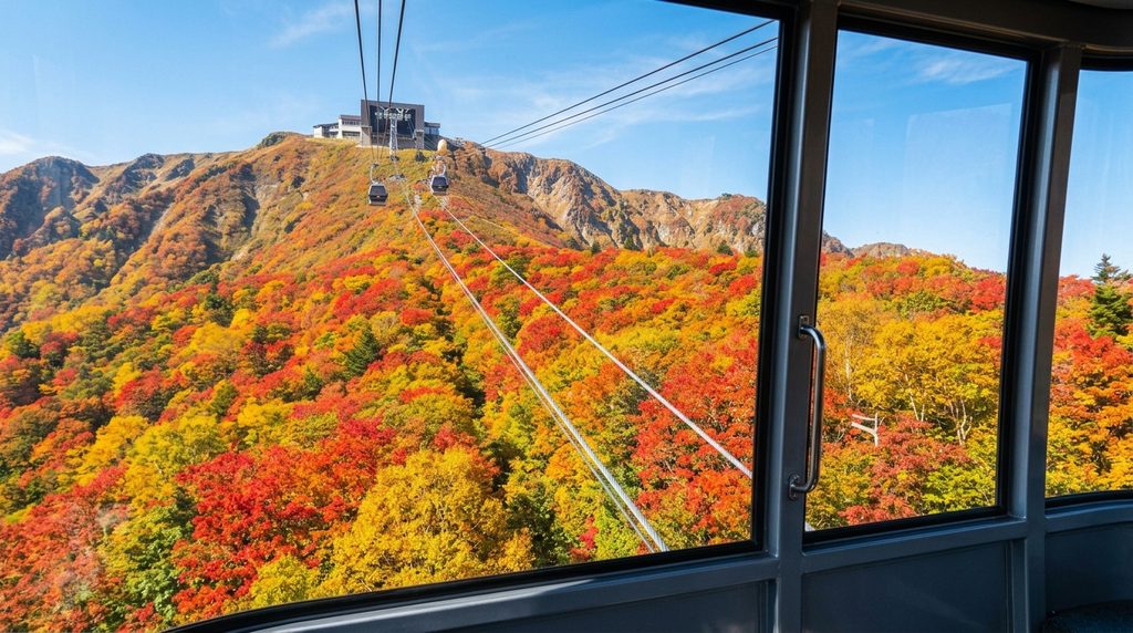 ロープウェイの車窓から見た紅葉の山と山頂駅