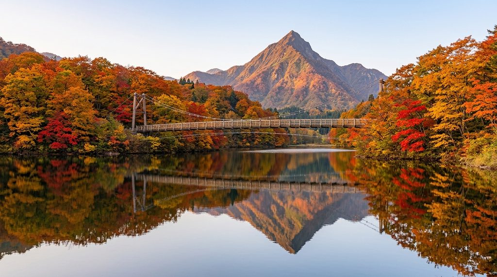 大源太湖の湖面に映る紅葉と希望大橋