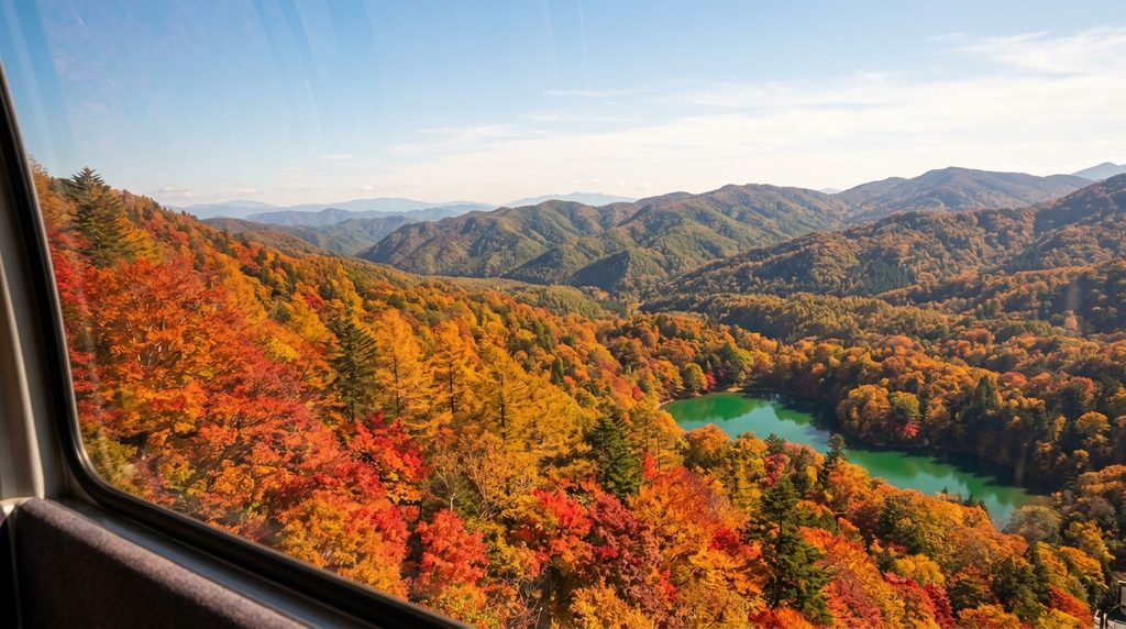 ゴンドラの車窓から見た山あいの紅葉