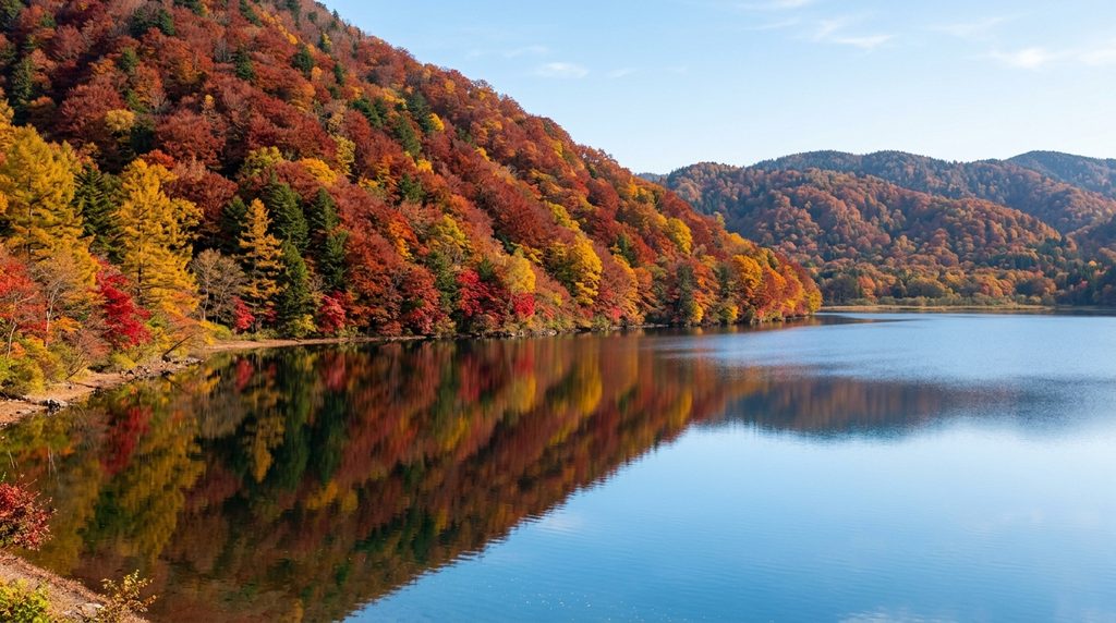 奥只見湖の湖面と山々の紅葉