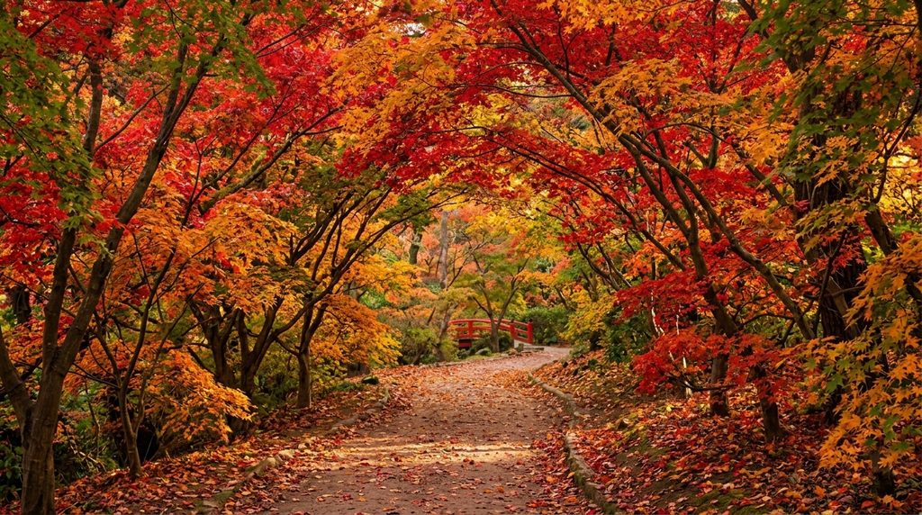 弥彦公園もみじ谷のもみじのトンネルと紅葉