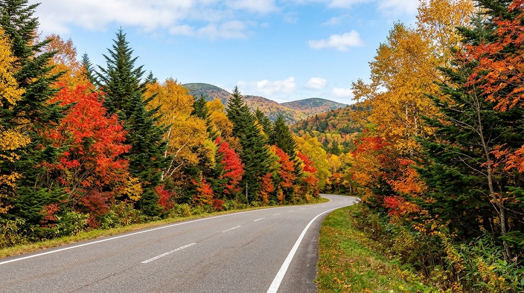 八幡平の紅葉の森を走るドライブ道路