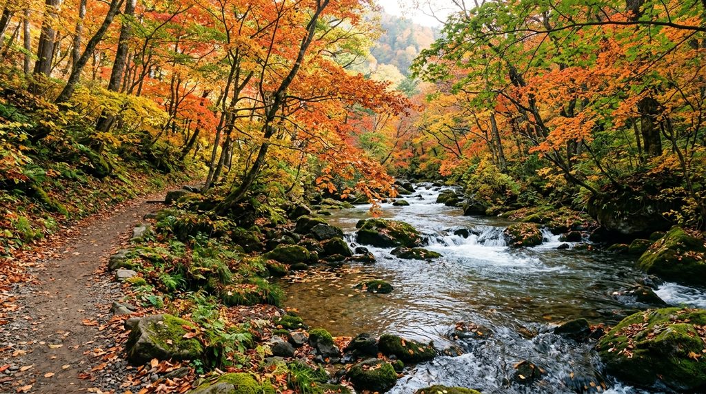 奥入瀬渓流の清流と紅葉