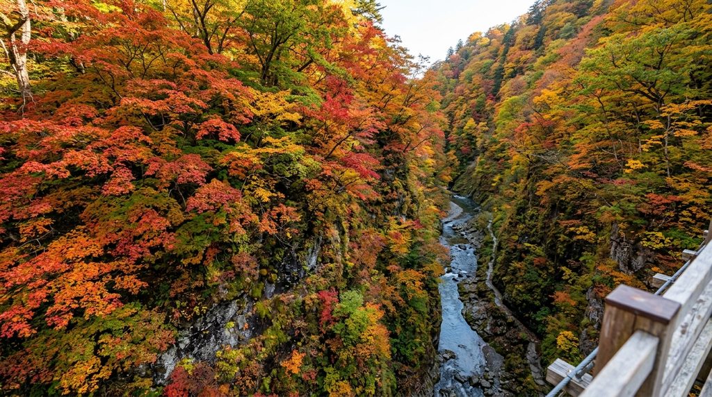 橋の上から見下ろす小安峡の渓谷と紅葉