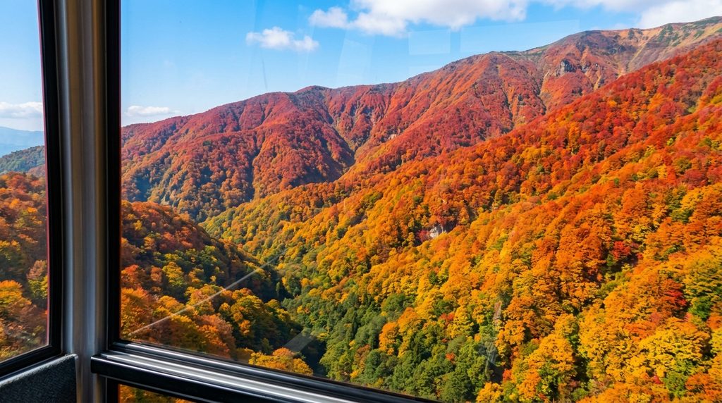 ロープウェイの車窓から見た蔵王の紅葉
