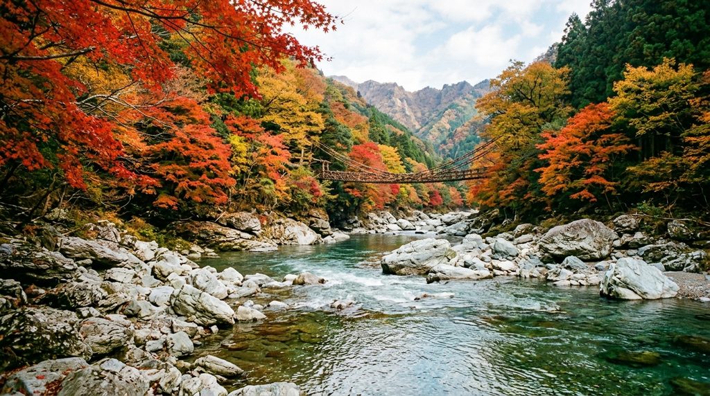 かずら橋が架かる祖谷渓の清流と紅葉