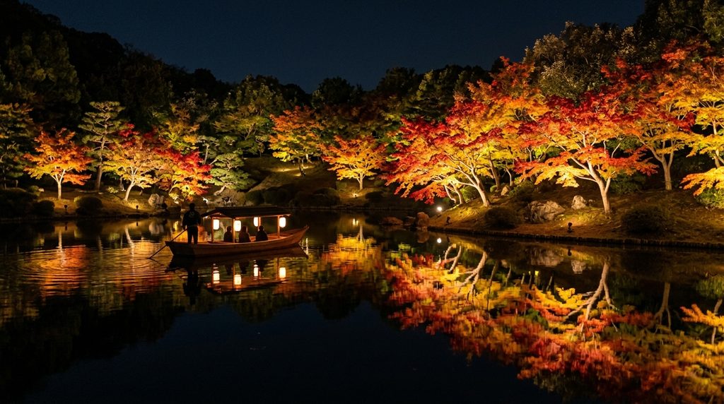 ライトアップされた栗林公園の紅葉と池に映る景色